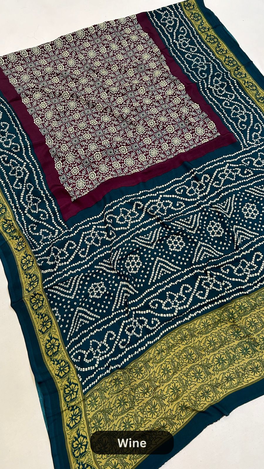 Ajrakh Bandhani Crap Silk Saree