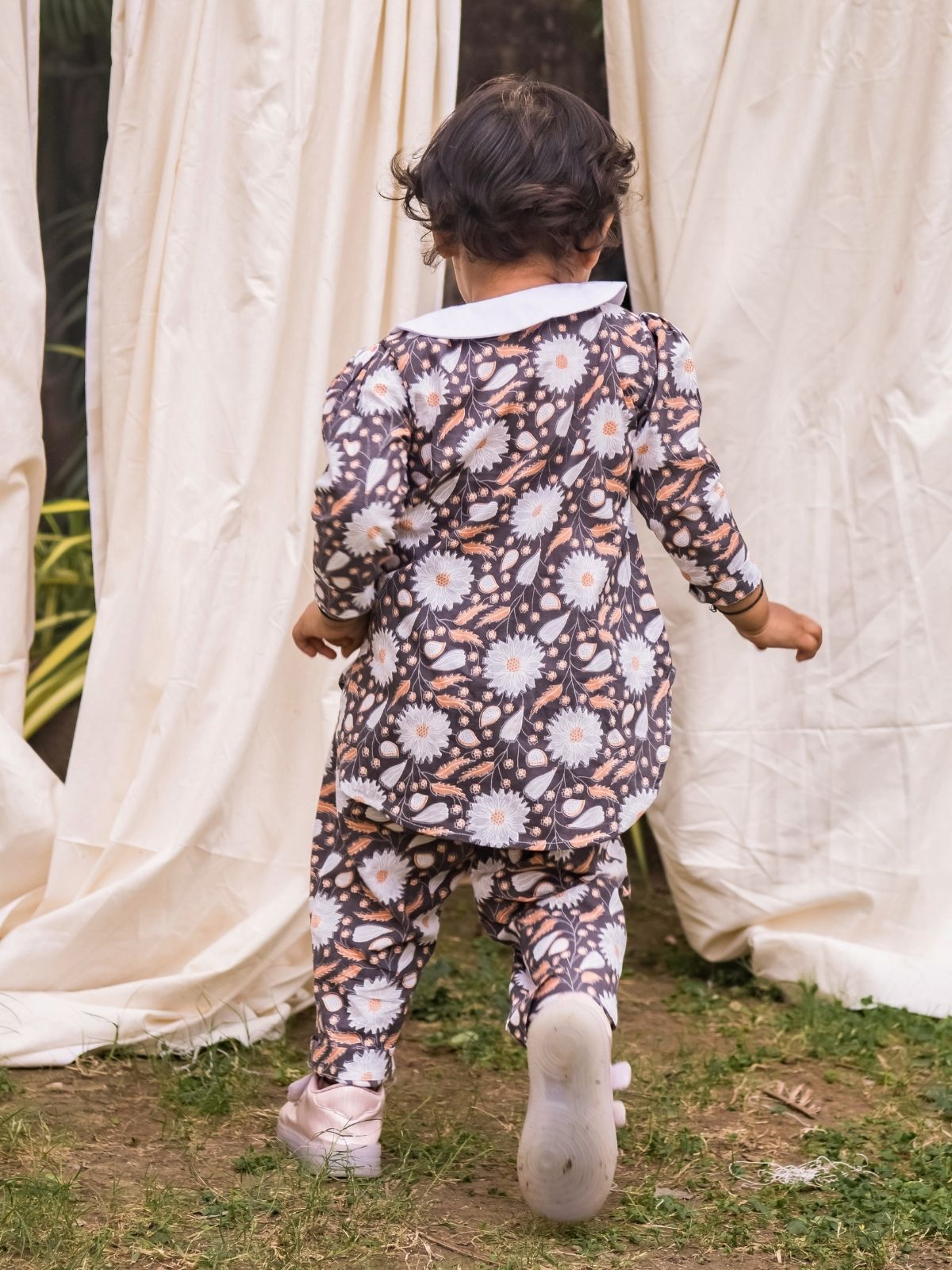 Grey Floral Petal Collared Comfy Set