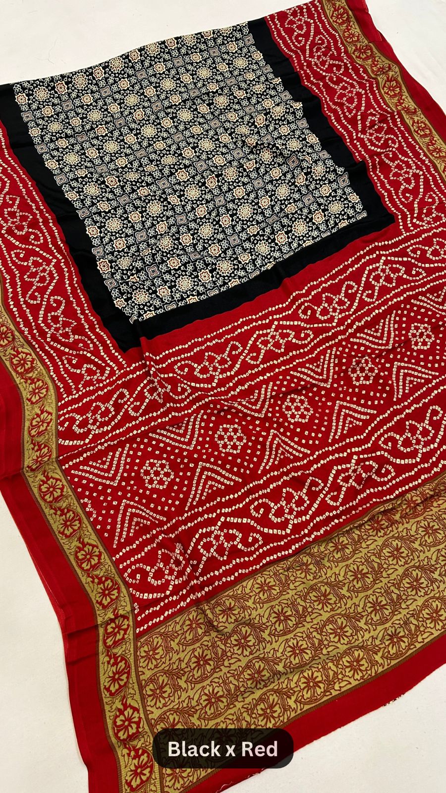 Ajrakh Bandhani Crap Silk Saree