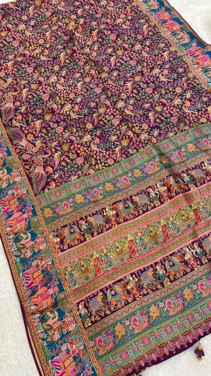 Pure Hand Weaving Kalamkari Saree (Wine Jaal)