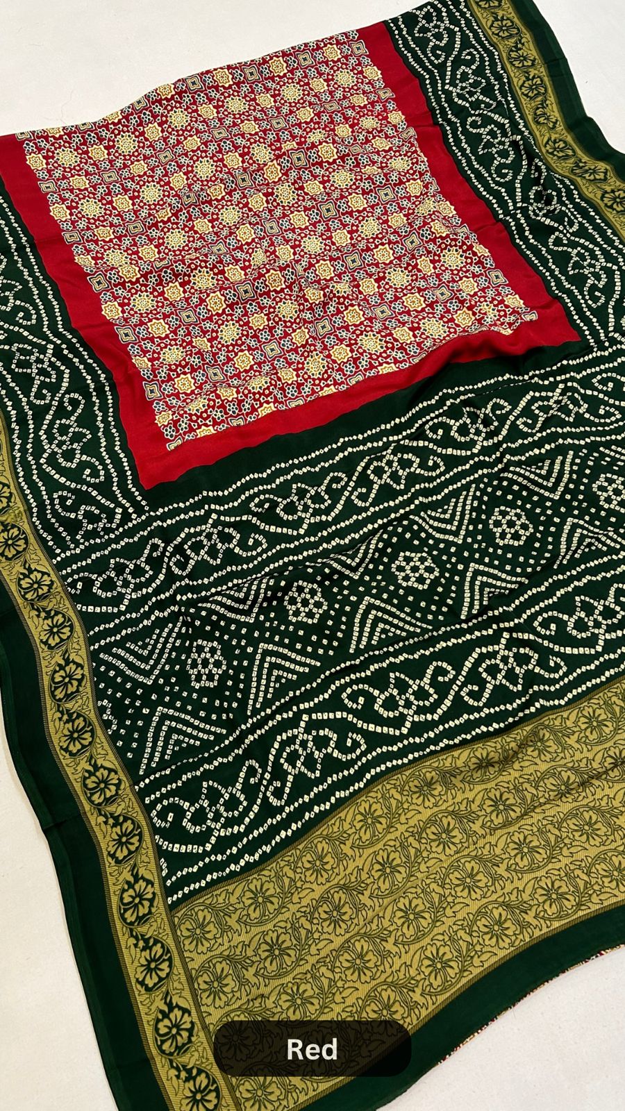 Ajrakh Bandhani Crap Silk Saree