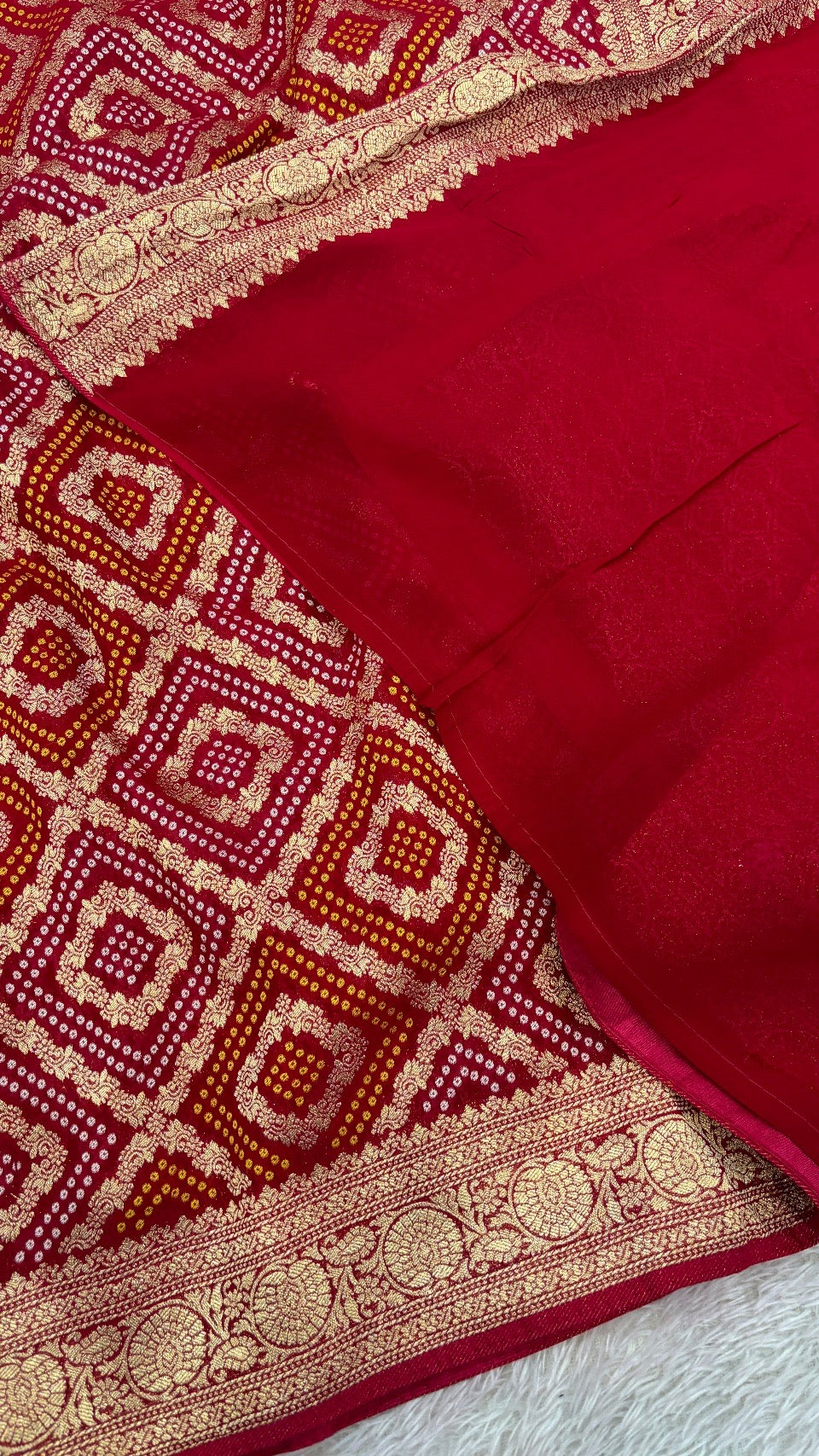Traditional Khadi Georgette Banarasi Bandhej Saree (Red/Rani) 7