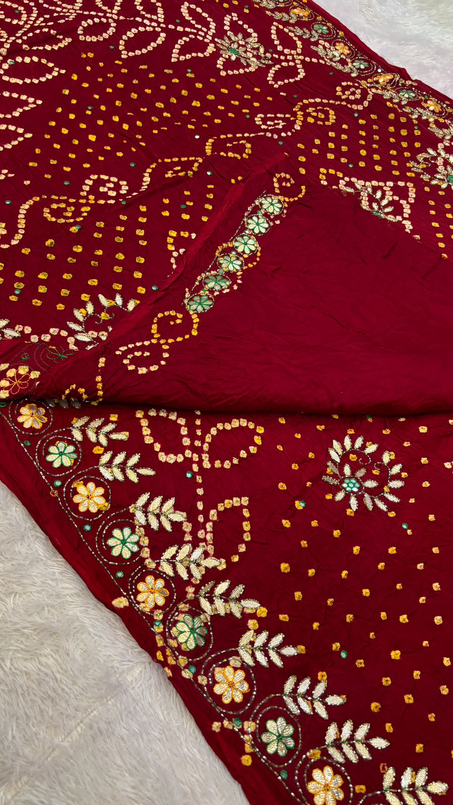 Pure Gaji Silk Handbandhej Gottapatti work Saree (Maroon)