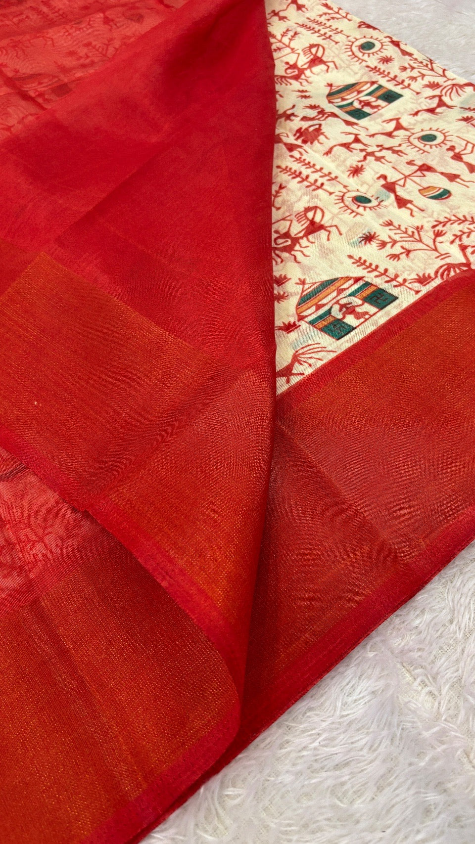 SUMMER SALE Warli Print Cotten Saree (Red)