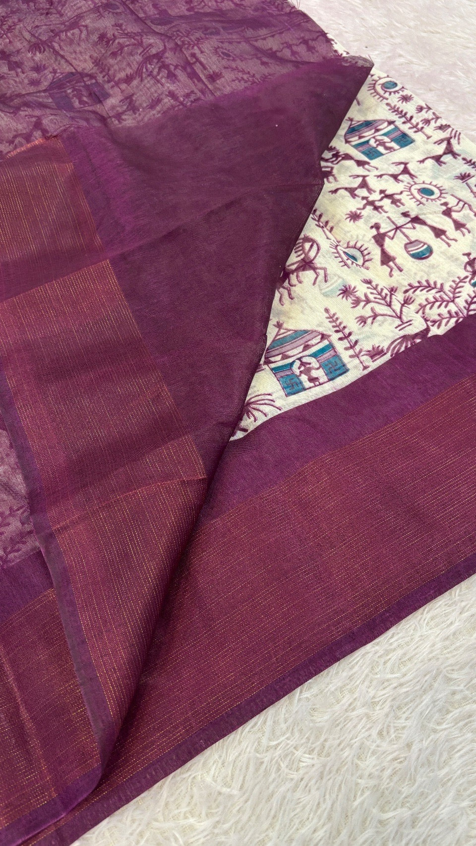 SUMMER SALE Warli Print Cotten Saree (Wine)