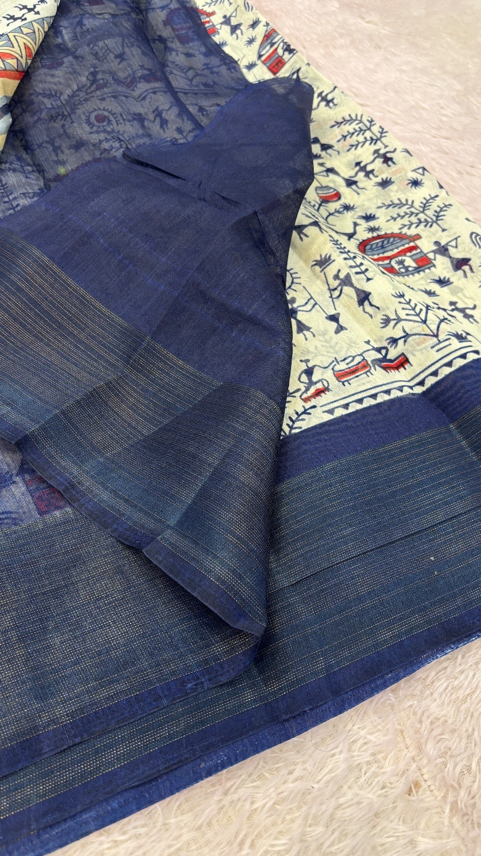 SUMMER SALE Warli Print Cotten Saree (Blue)