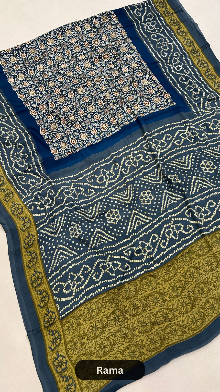 Ajrakh Bandhani Crap Silk Saree