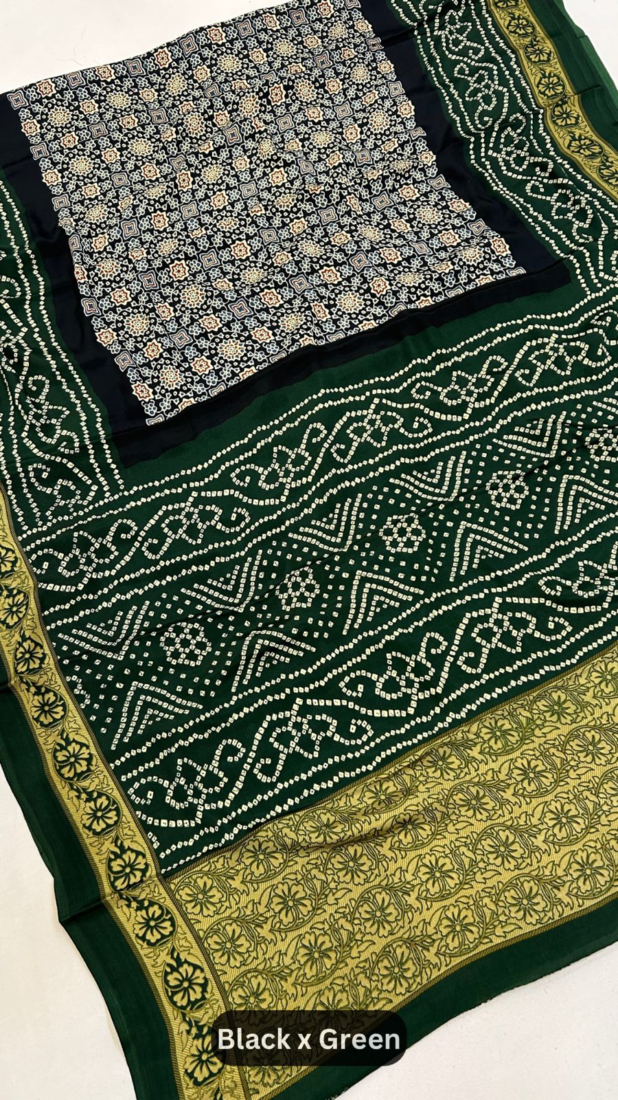 Ajrakh Bandhani Crap Silk Saree