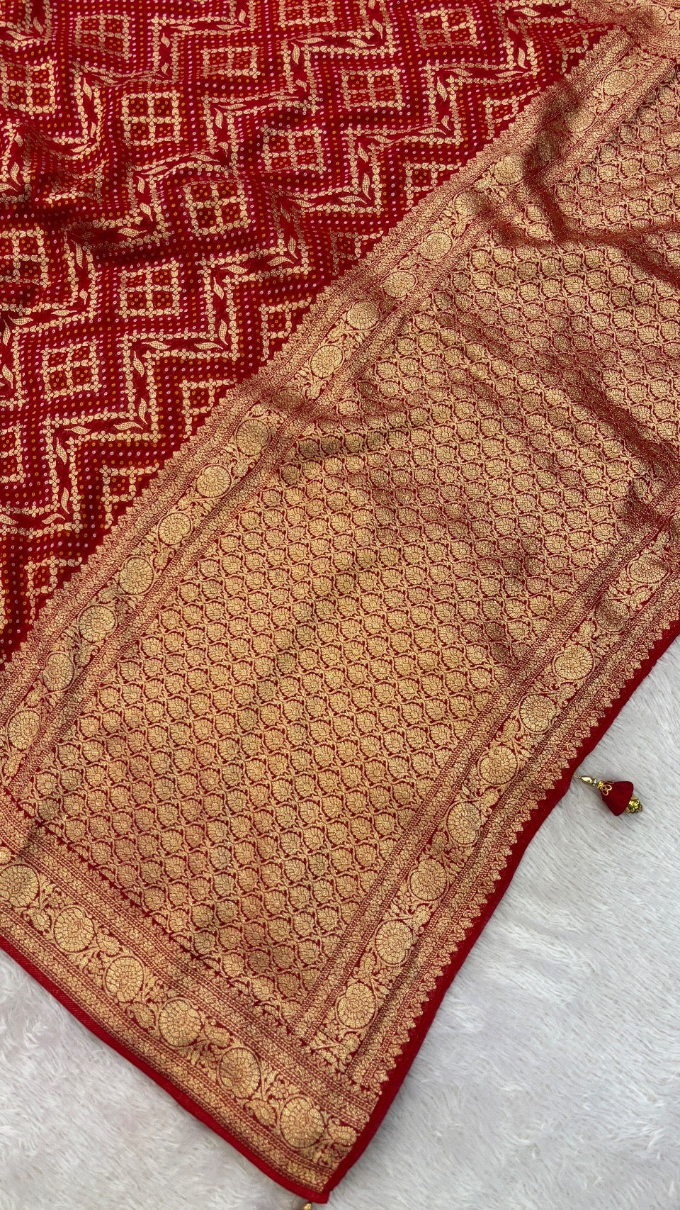 Traditional Khadi Georgette Banarasi Bandhej Saree (Red/Rani) 1