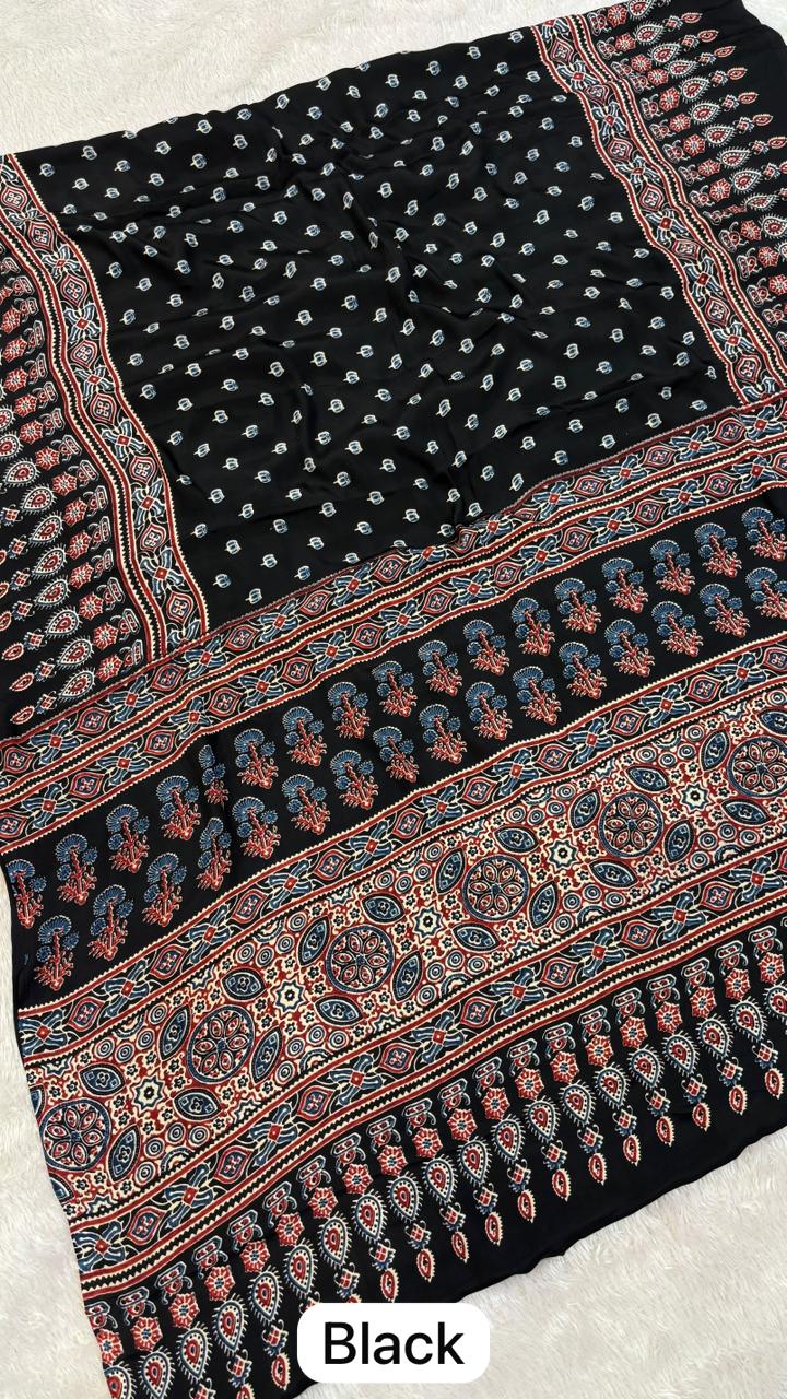 Ajrakh Butti Crap Silk Saree