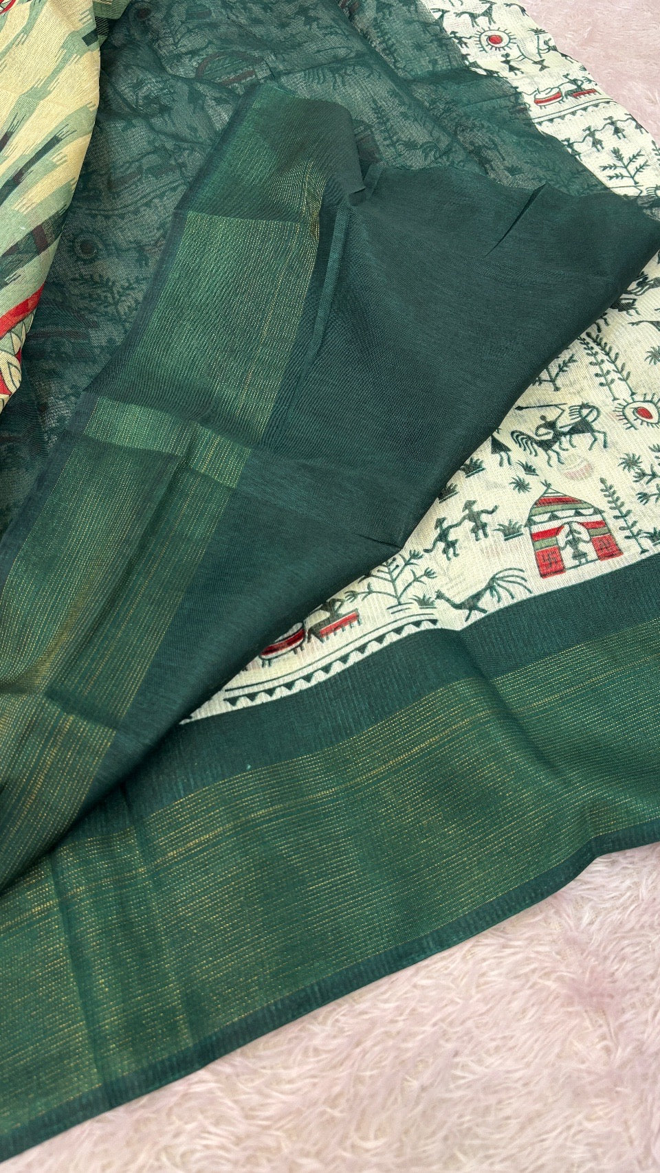 SUMMER SALE Warli Print Cotten Saree (Green)