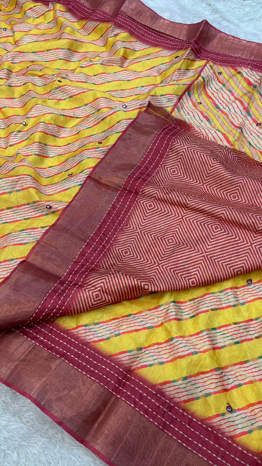 Katha Work + Mirror Work Designer Lehariya Saree