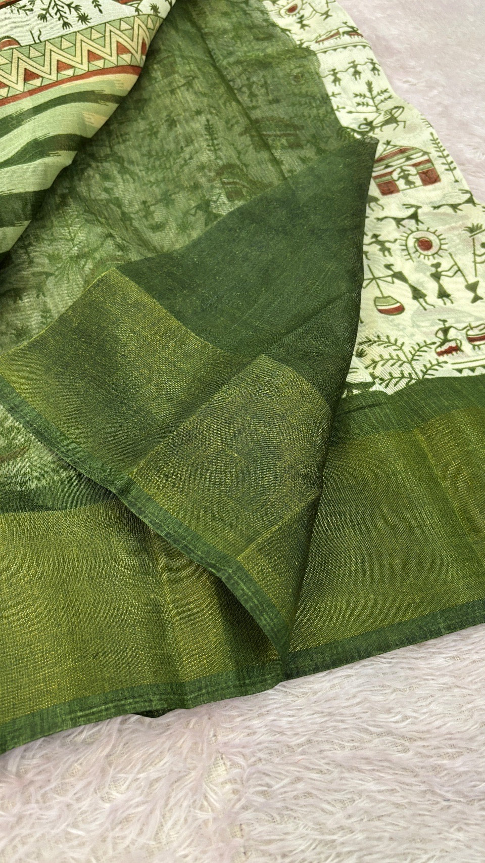 SUMMER SALE Warli Print Cotten Saree (Mehandi)