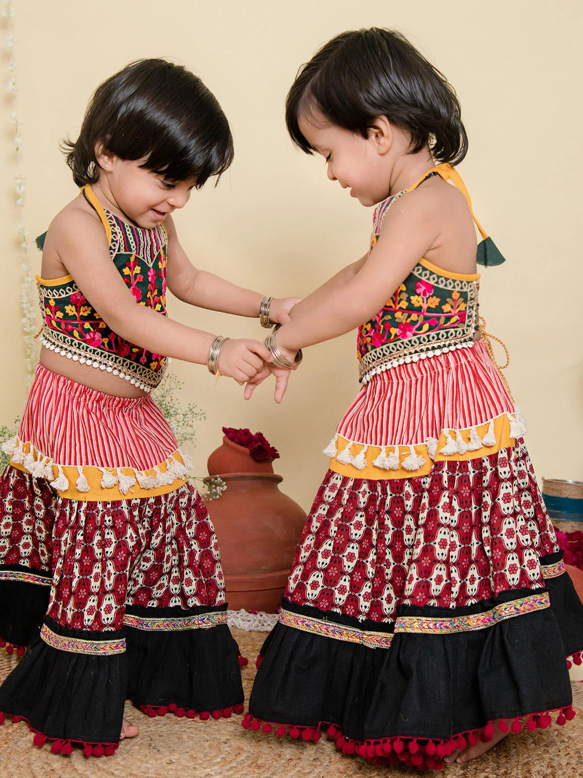 Rose Petals Striped Pleated Lehenga Choli for Girls
