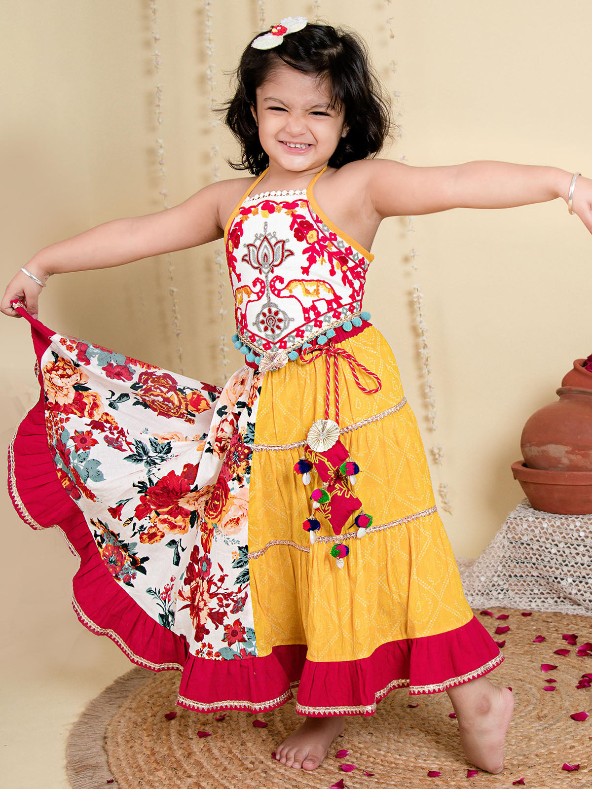 Red Floral Bandhani Flaired Lehenga Choli for Little Girls