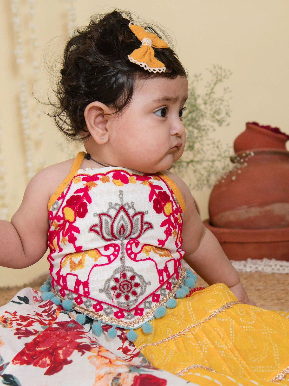 Red Floral Bandhani Flaired Lehenga Choli for Little Girls