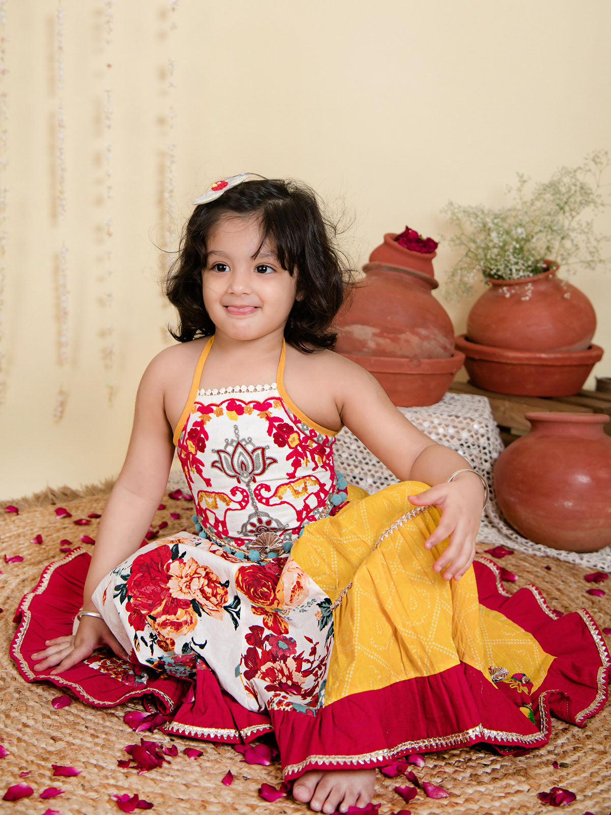 Red Floral Bandhani Flaired Lehenga Choli for Little Girls