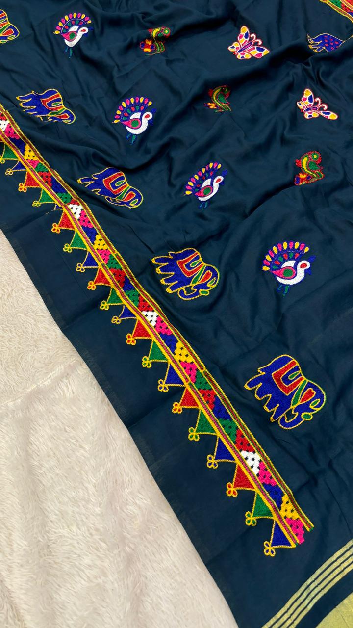 Kutchi Multi Work Duppta with Lagadi Patta - Petrol Blue