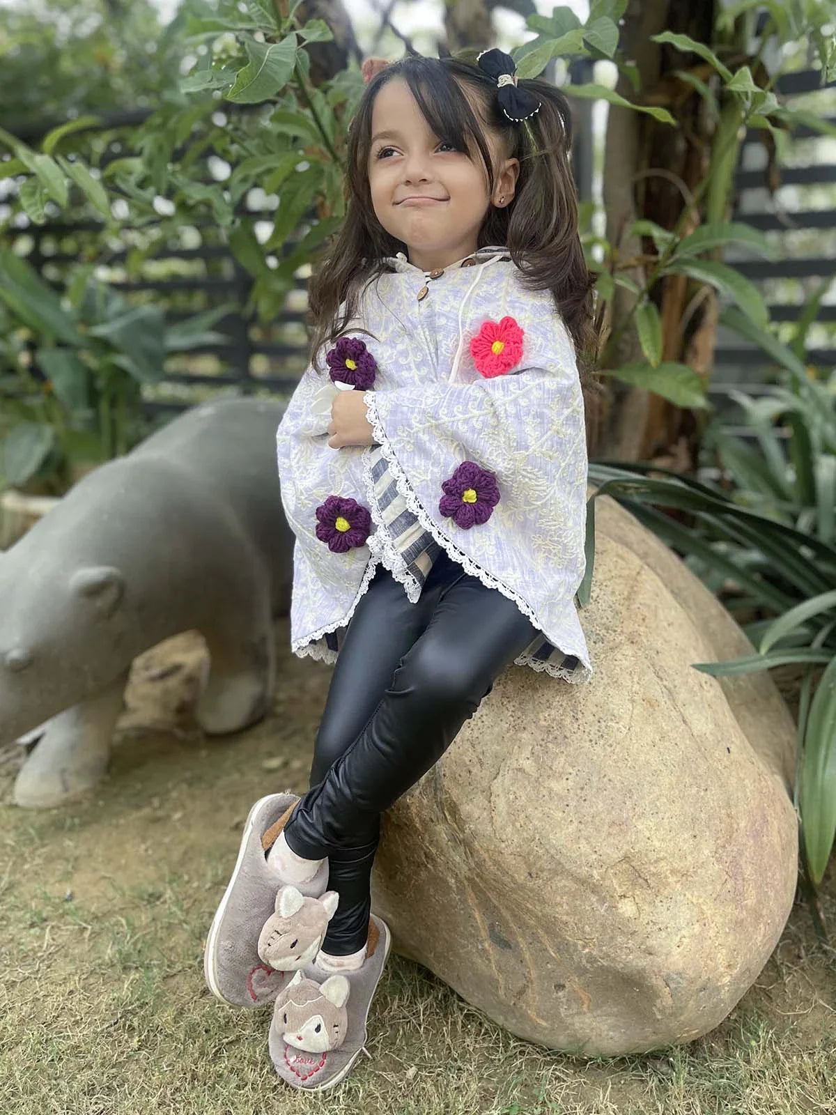 Purple Spring Flower Embroidered Picnic Poncho Top For Girls