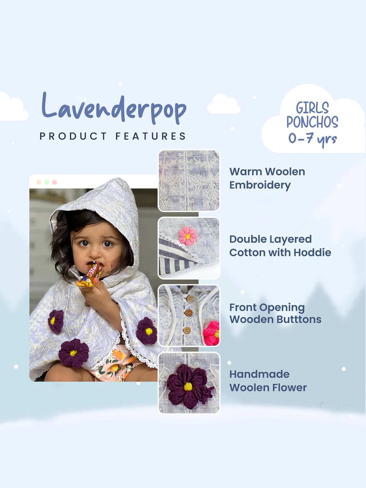 Purple Spring Flower Embroidered Picnic Poncho Top For Girls