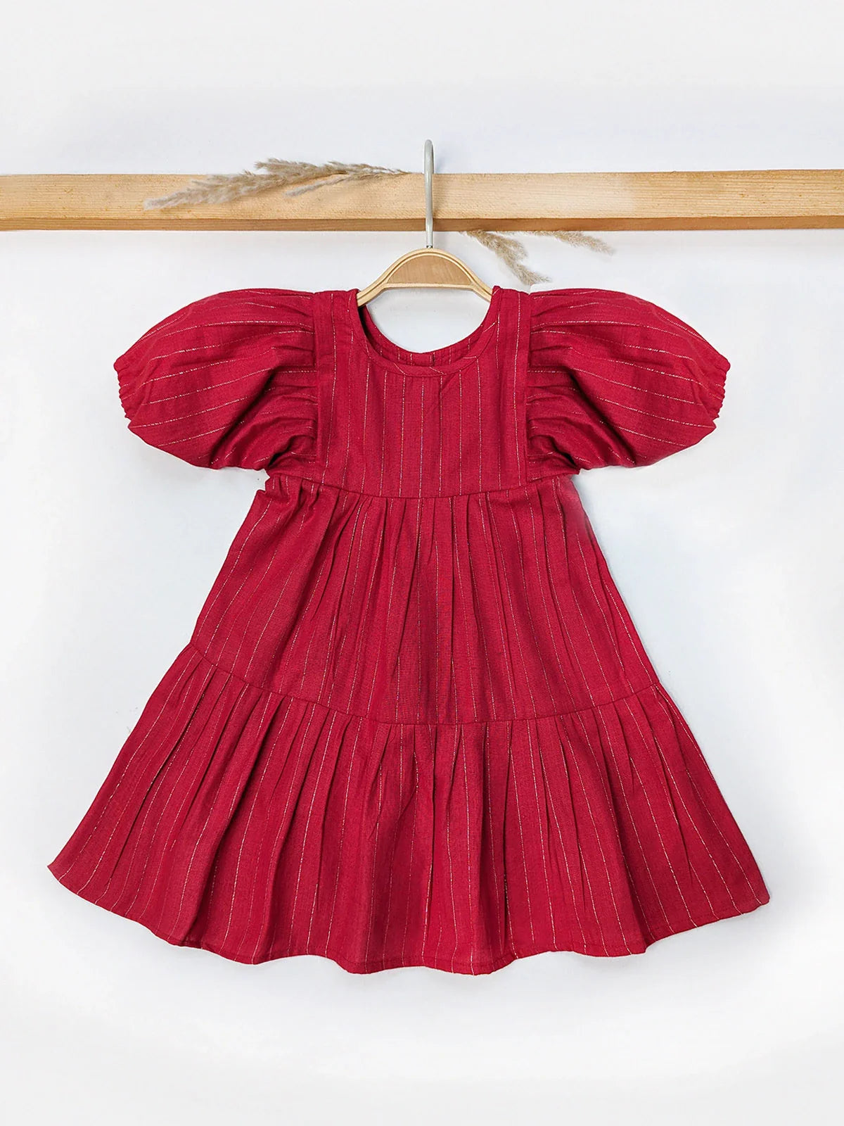 Red Zari Striped Pleated Premium Party Frock For Baby Girl