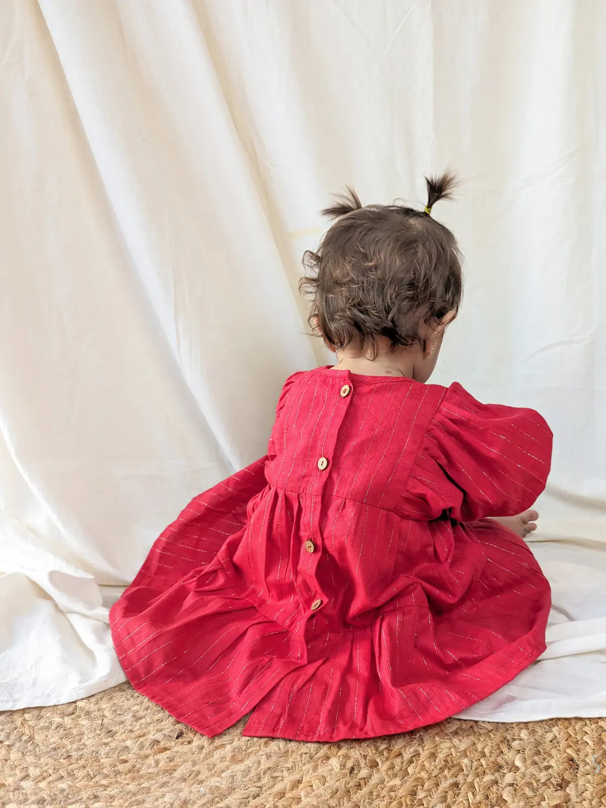 Red Zari Striped Pleated Premium Party Frock For Baby Girl