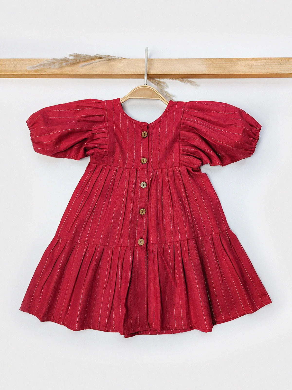 Red Zari Striped Pleated Premium Party Frock For Baby Girl