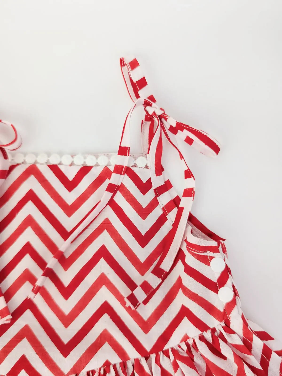 Tiny Baby Red Zig Zag Pleated Mini Frock With Strings