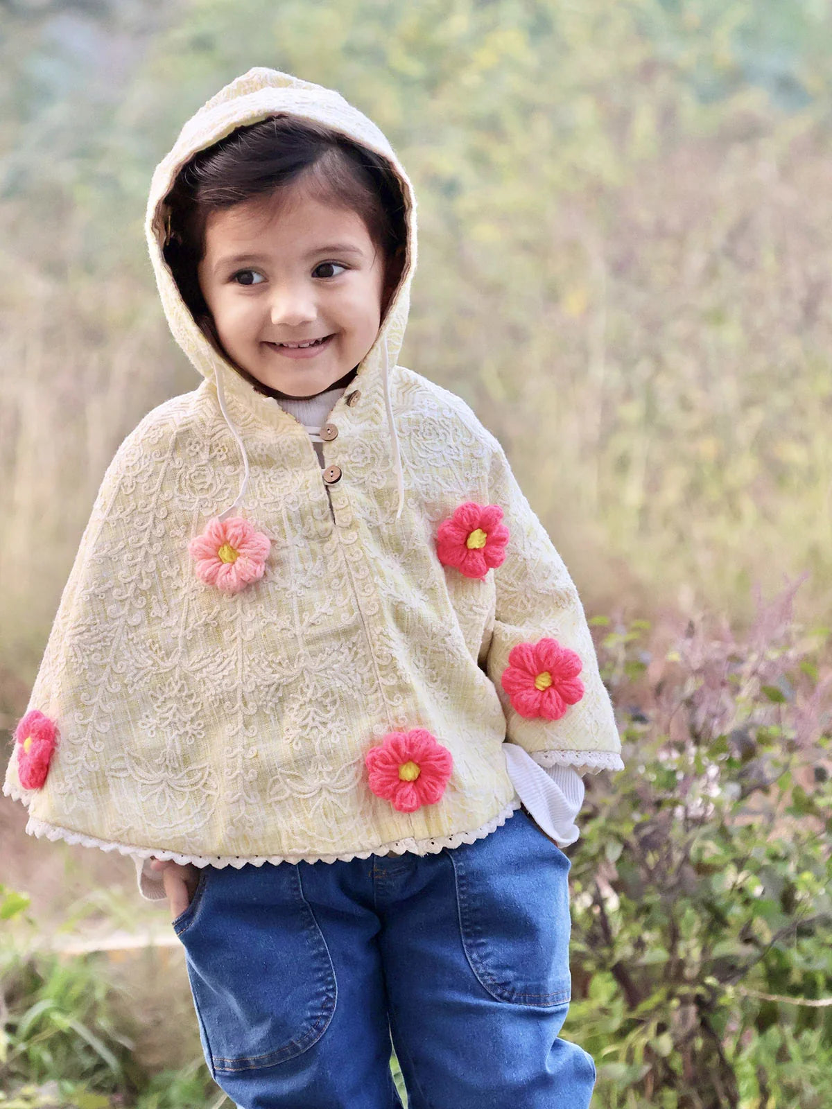 Yellow Handmade Flower Spring Baby Girl Poncho Top