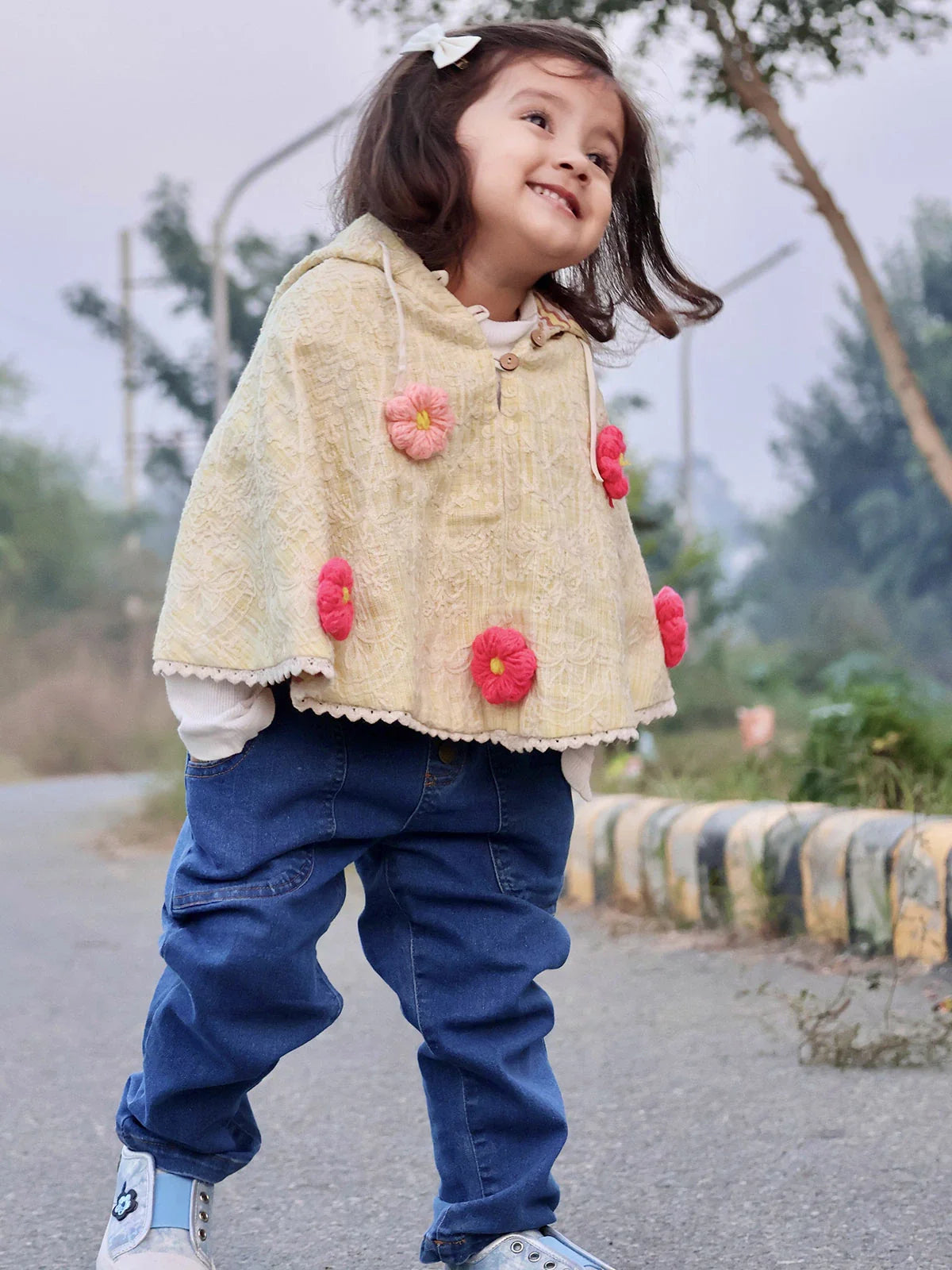Yellow Handmade Flower Spring Baby Girl Poncho Top