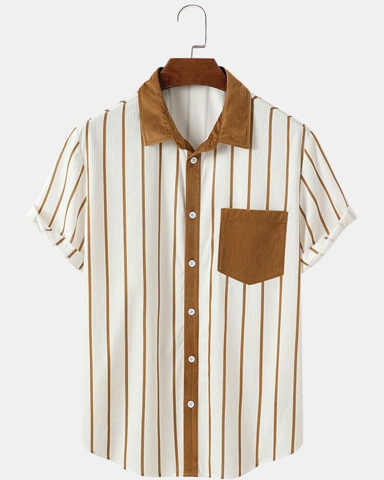 Retro Striped Short-Sleeve Shirt with Corduroy Accents