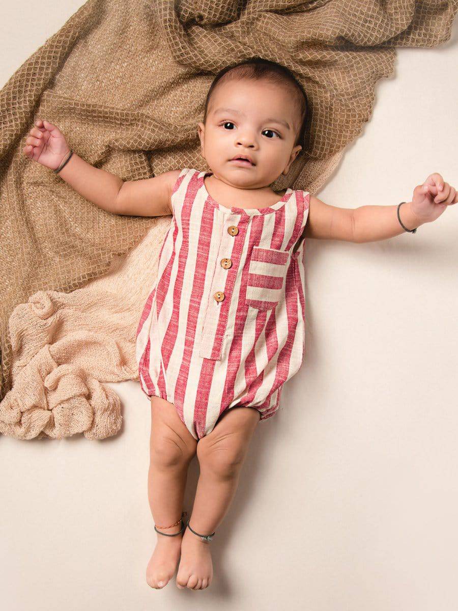 Red Stiped Pure Cotton Baby Toddler Unisex Bubble Romper