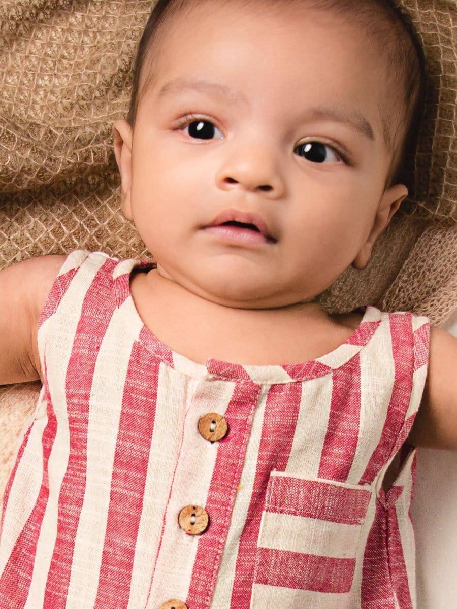 Red Stiped Pure Cotton Baby Toddler Unisex Bubble Romper