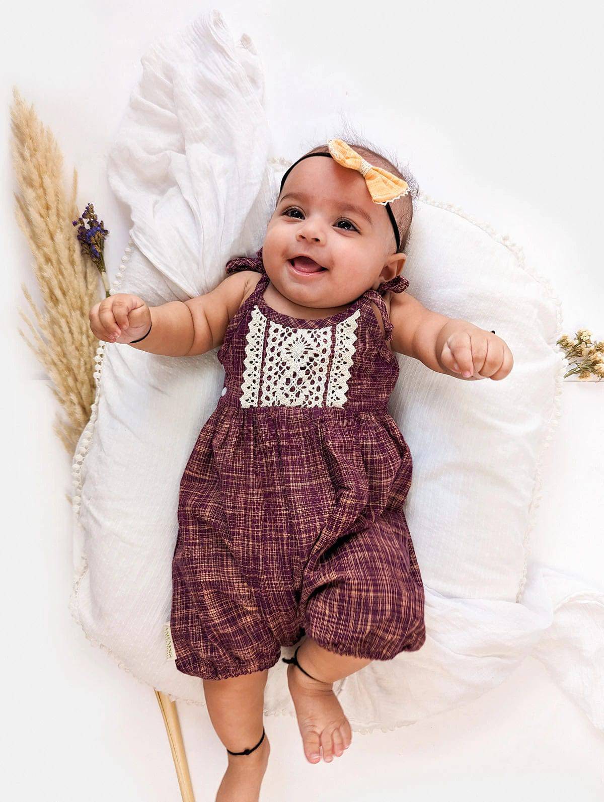 Halemons 100% Cotton Romper with Crochet Lace - Easy Diaper Change - Wine