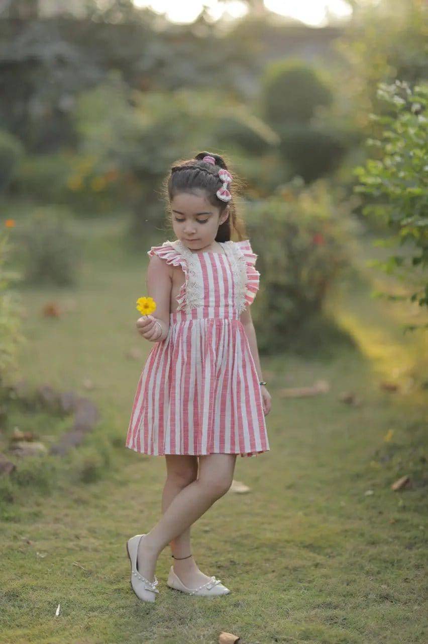 Pink Stripes Baby Frilled Frock With Crochet Lace