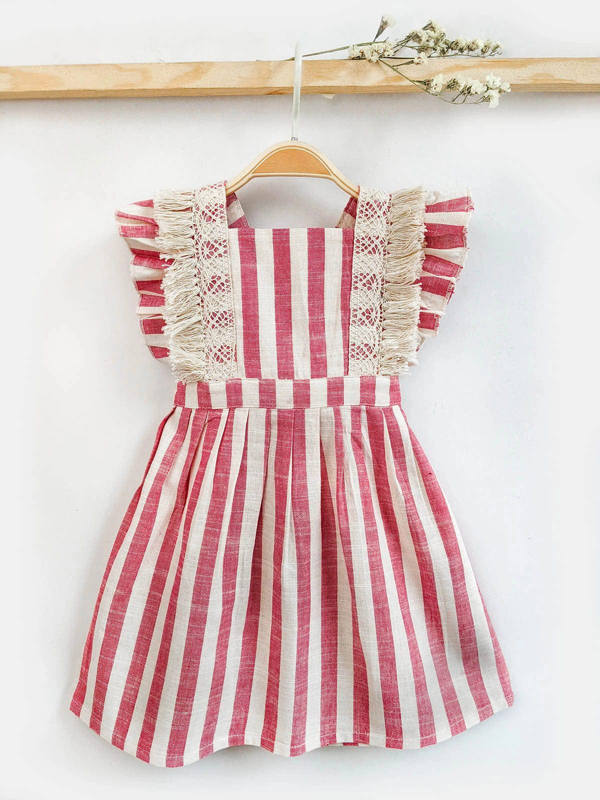 Pink Stripes Baby Frilled Frock With Crochet Lace
