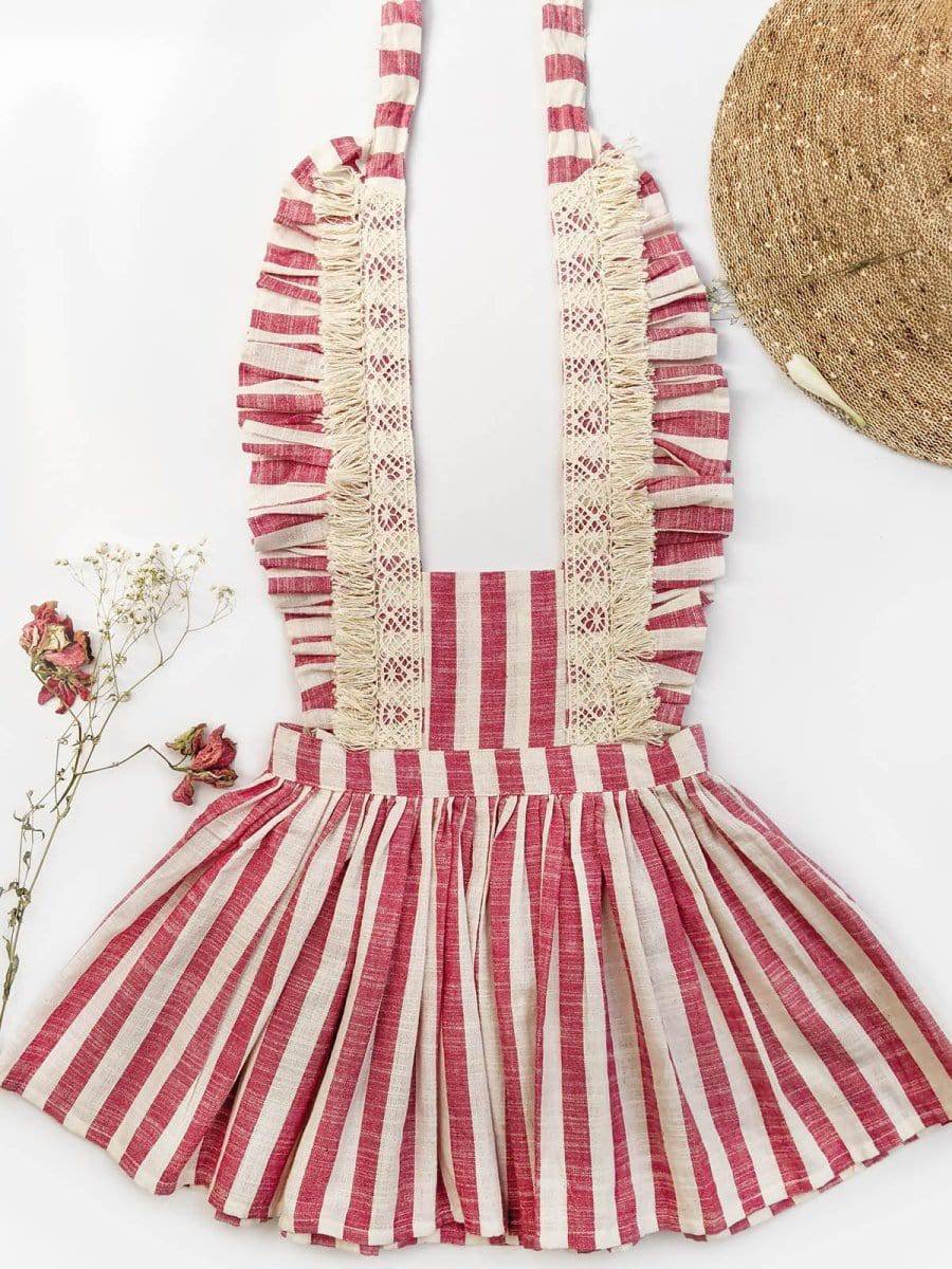 Pink Stripes Baby Frilled Frock With Crochet Lace