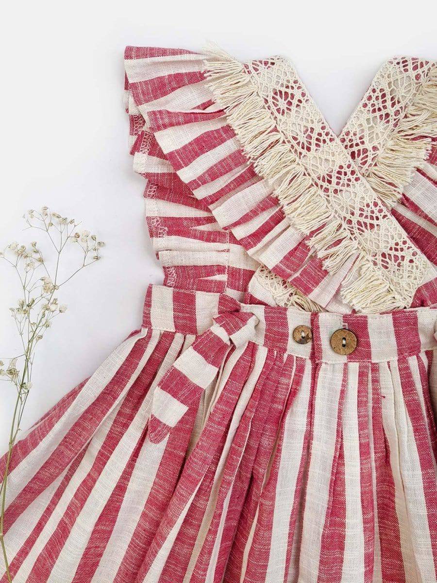 Pink Stripes Baby Frilled Frock With Crochet Lace