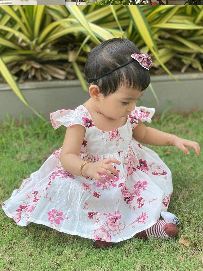 Pearl White Cotton Long Frock with Wine Floral Bunch