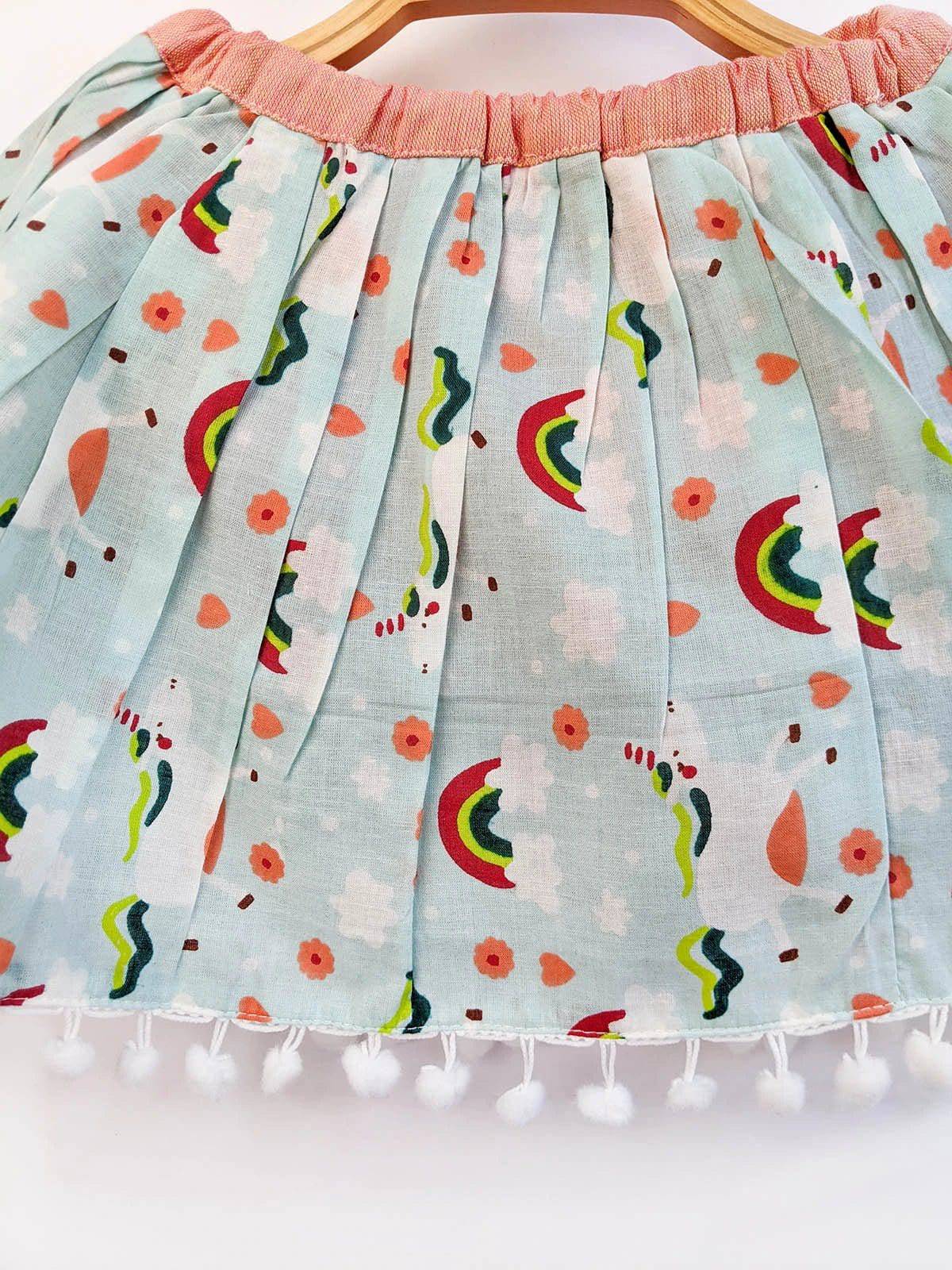 Rainbow Printed Baby Girl Cotton Skirt With Bloomer and Top