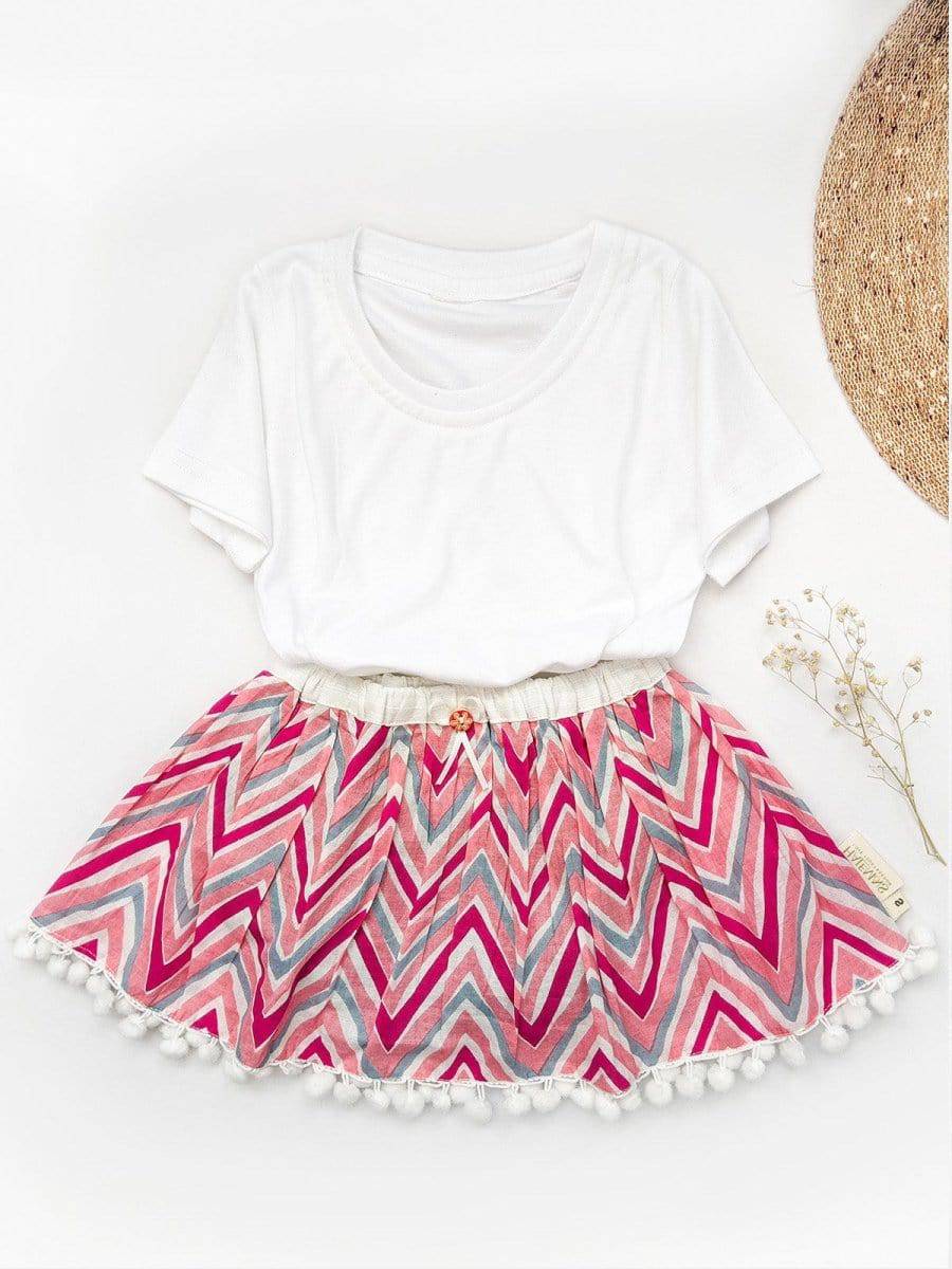 Zig Zag Cotton Printed Baby Girl Skirt With White Frilled Top