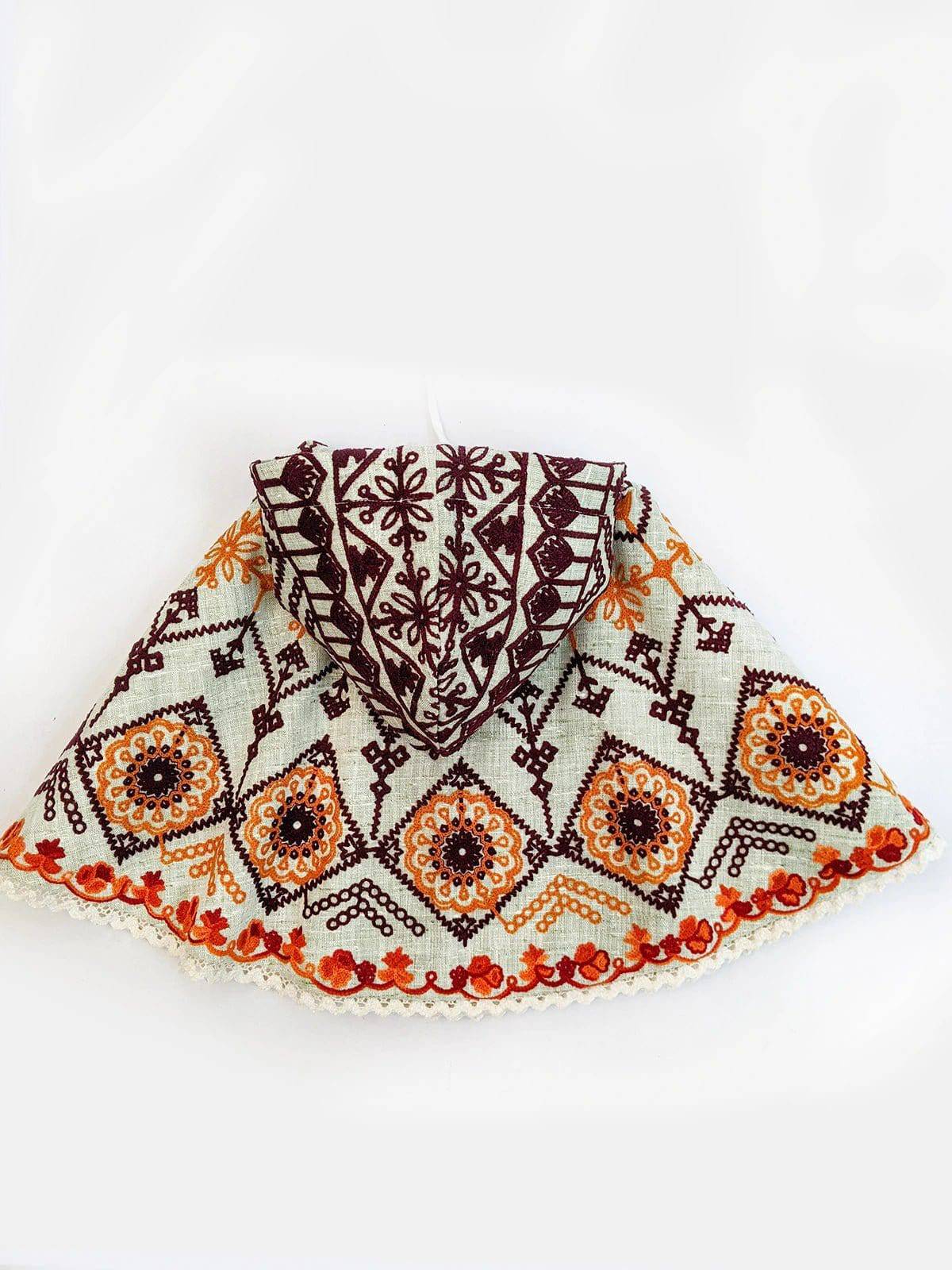 Green Fancy Embroidered Hoodie Poncho Top For Baby Girls