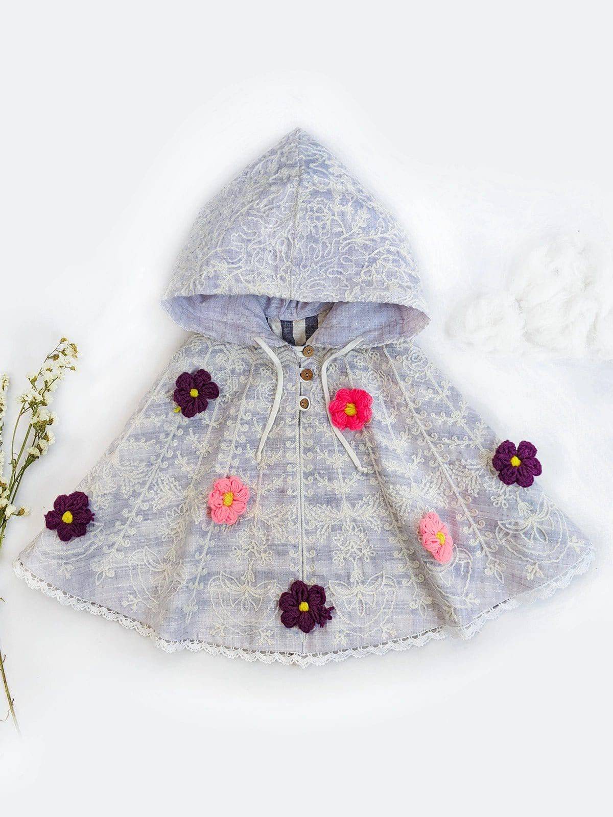 Purple Spring Flower Embroidered Picnic Poncho Top For Girls