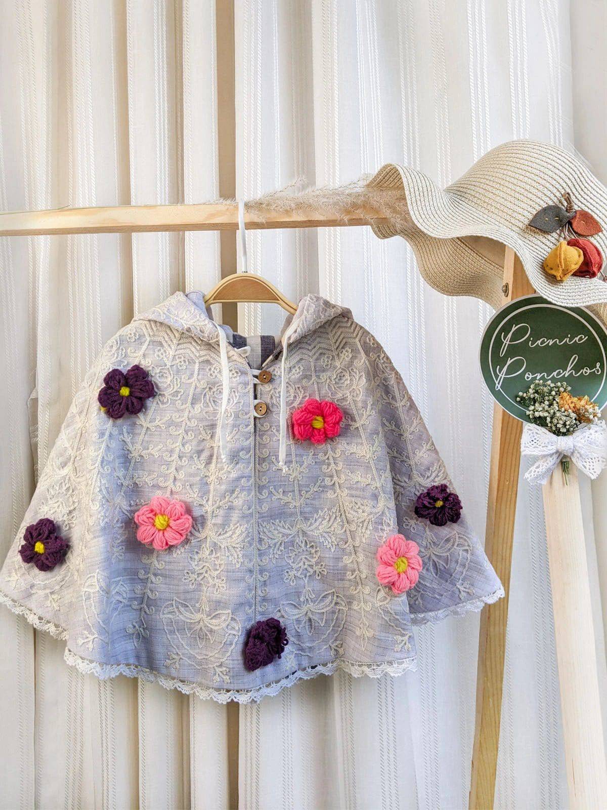 Purple Spring Flower Embroidered Picnic Poncho Top For Girls