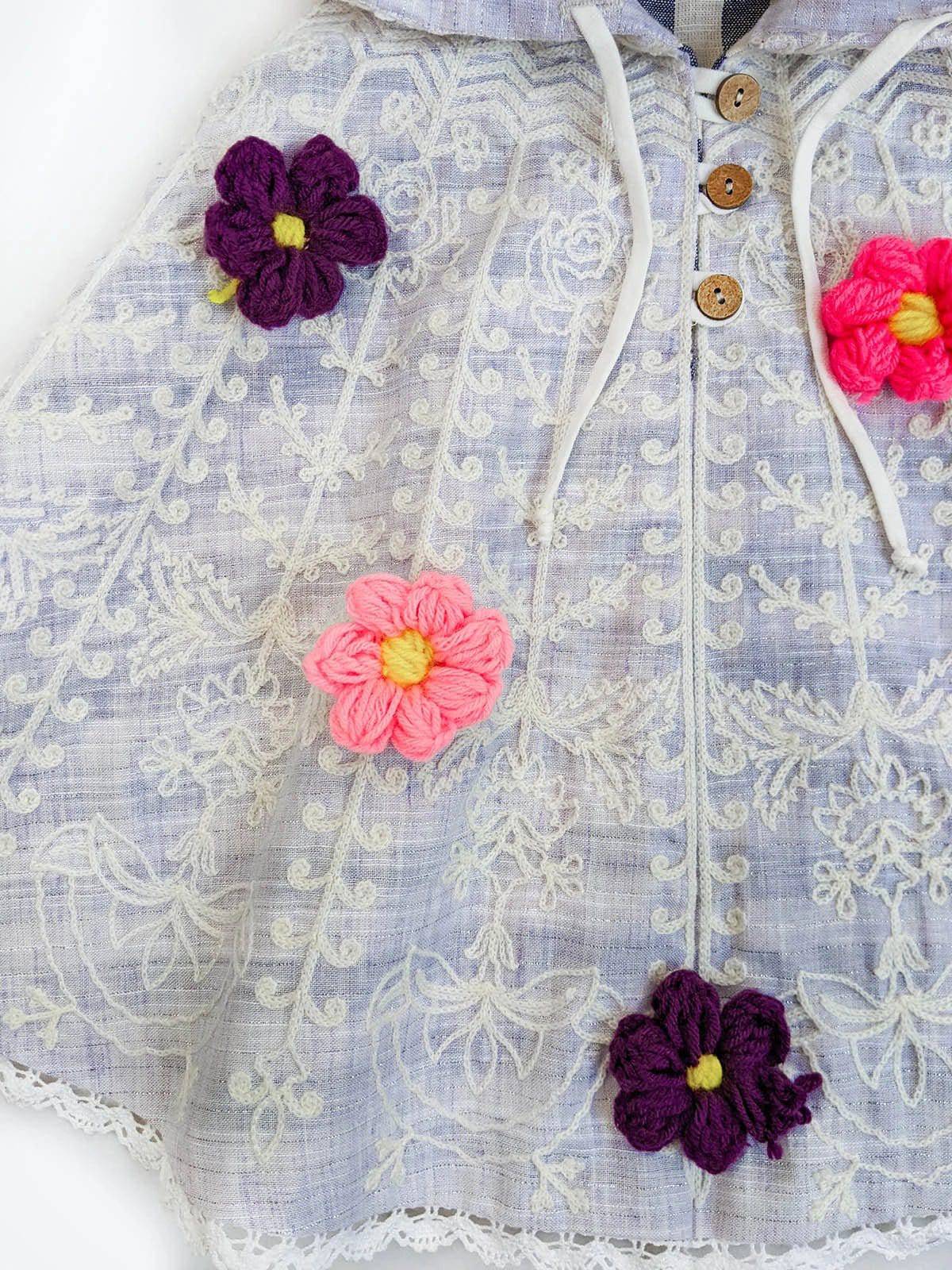 Purple Spring Flower Embroidered Picnic Poncho Top For Girls