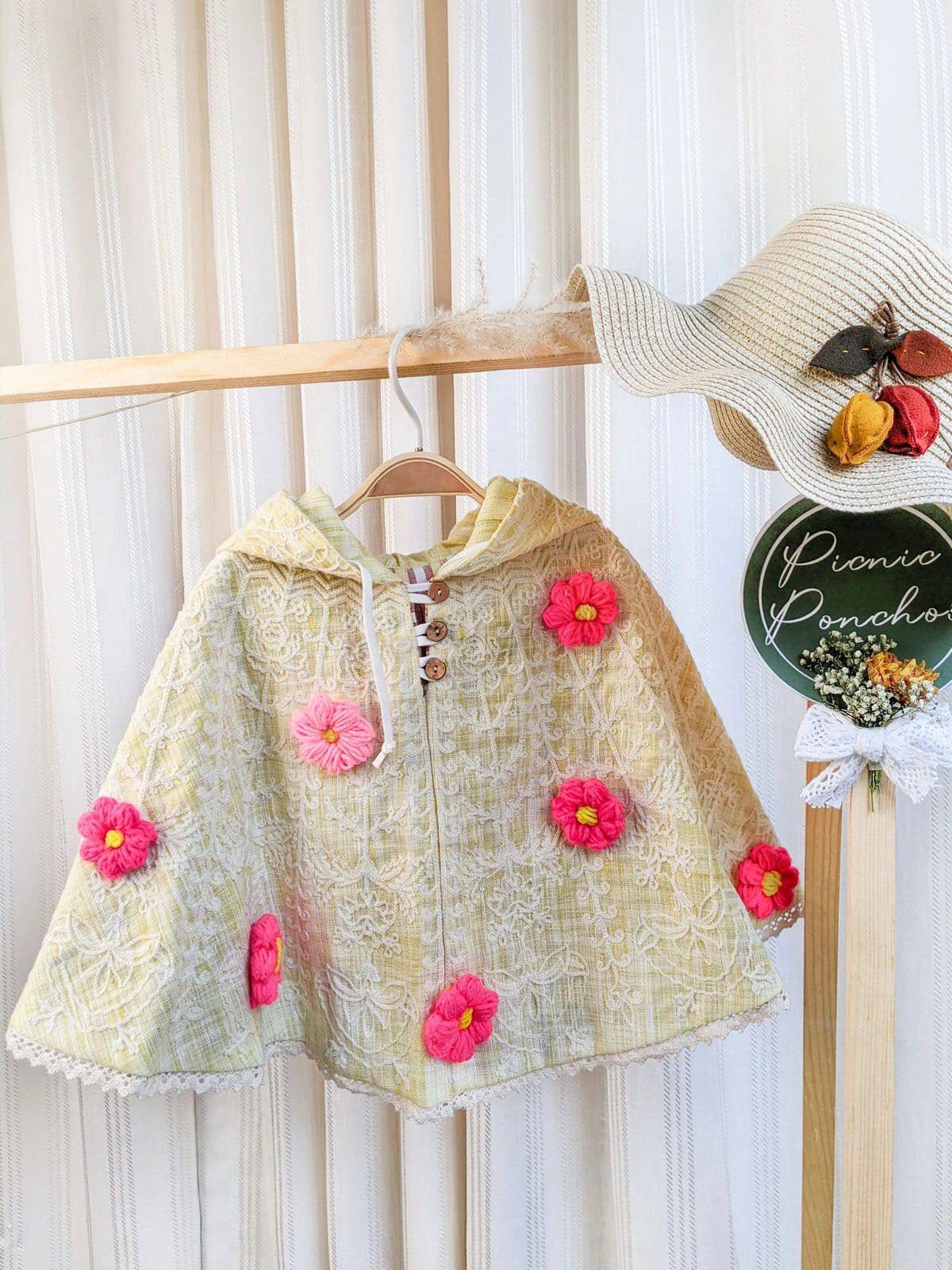 Yellow Handmade Flower Spring Baby Girl Poncho Top
