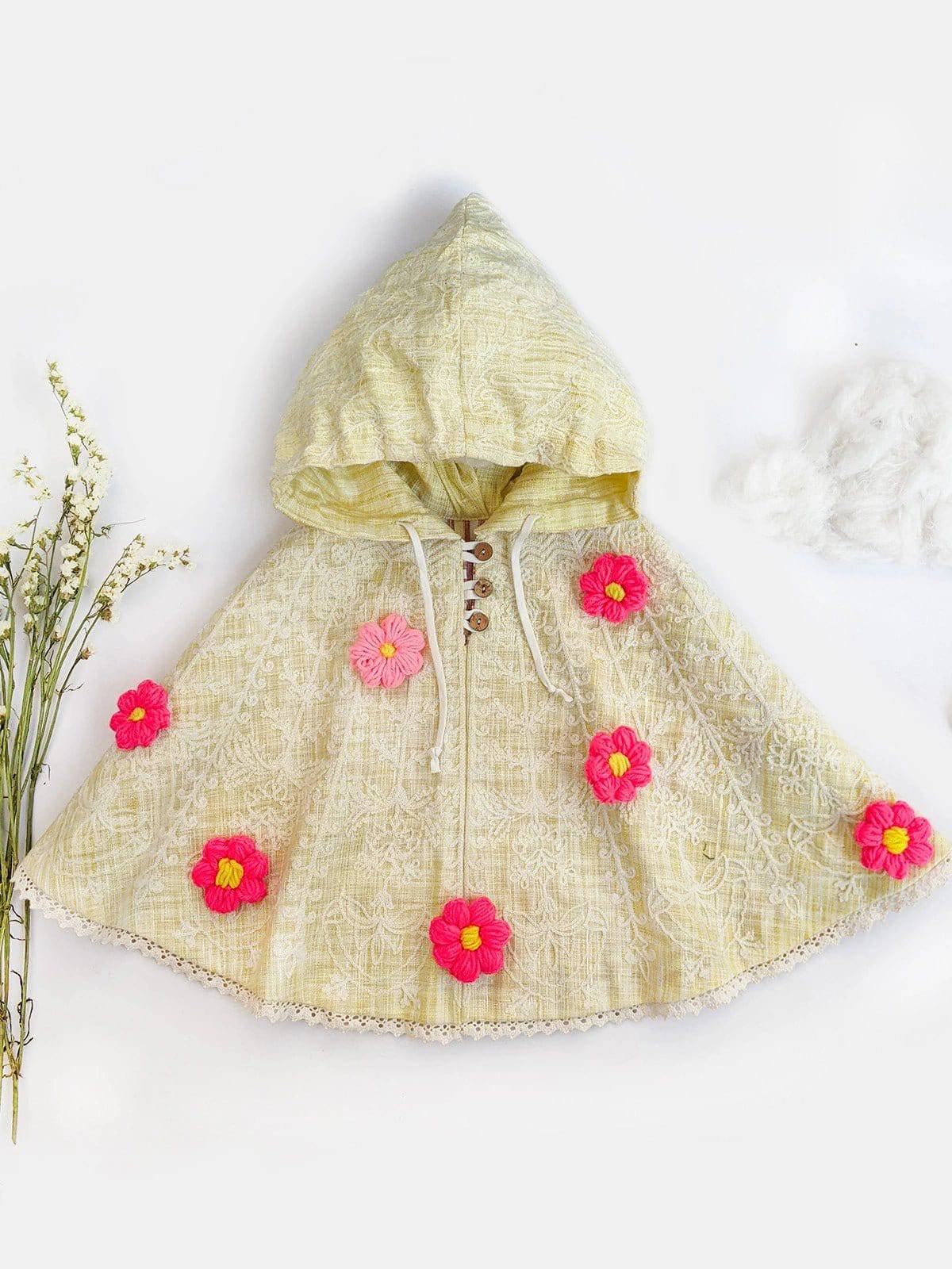 Yellow Handmade Flower Spring Baby Girl Poncho Top