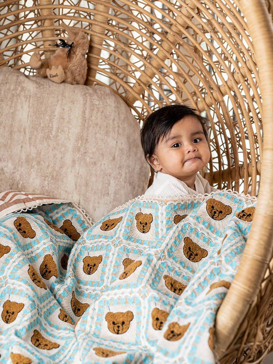 Teddy Woolen Embroidered Crocheted Style Baby Kids Blanket