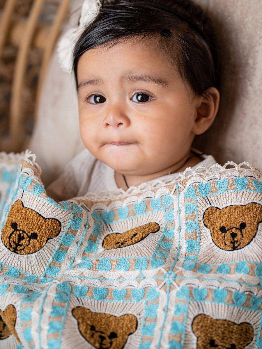 Teddy Woolen Embroidered Crocheted Style Baby Kids Blanket