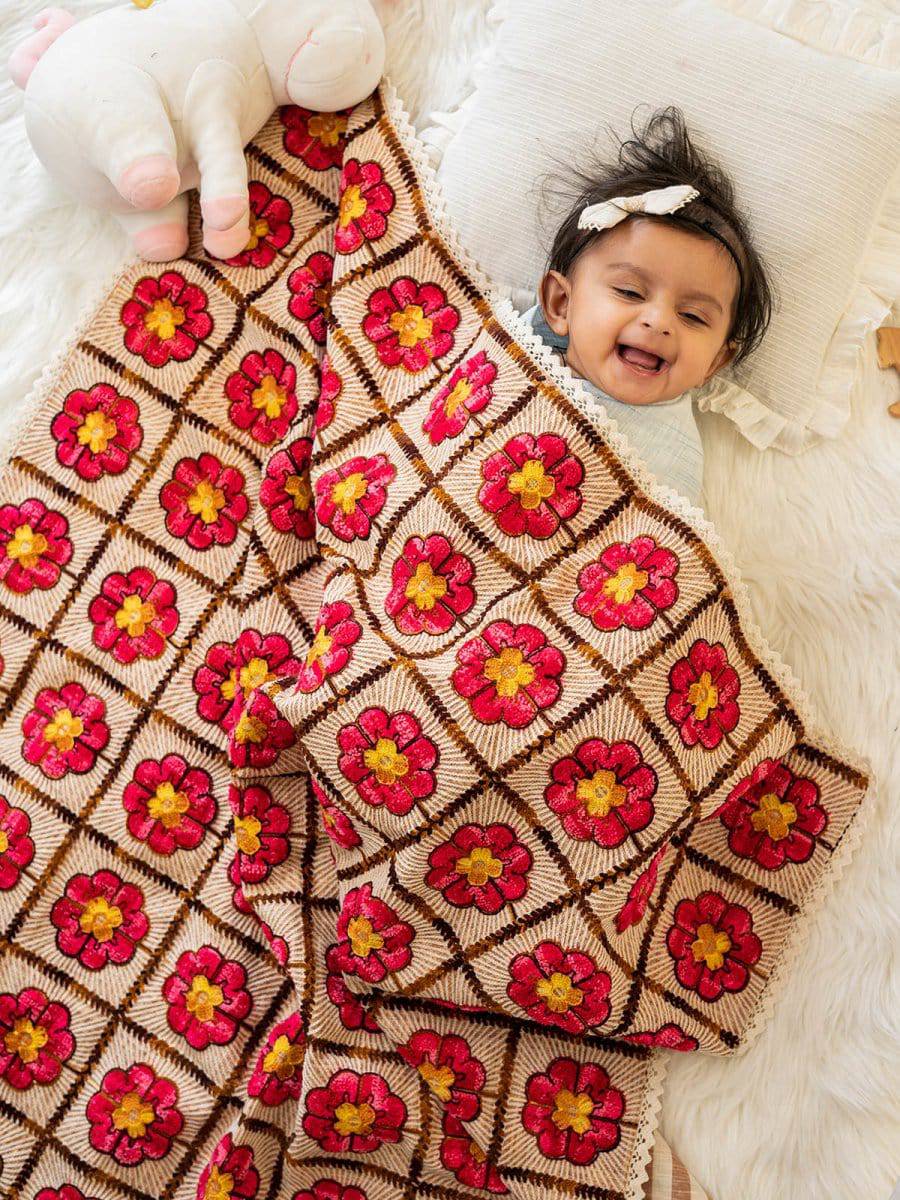 Woollen Red Rose Embroidered Reversible Luxury Baby Kids Blanket
